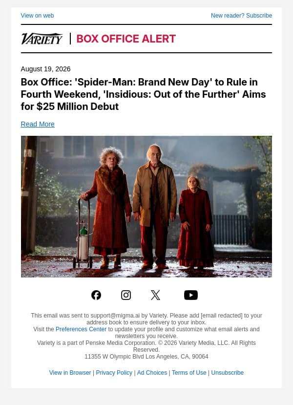 Box Office: 'Spider-Man: Brand New Day' to Rule in Fourth Weekend, 'Insidious: Out of the Further' Aims for $25 Million Debut email from Variety screenshot