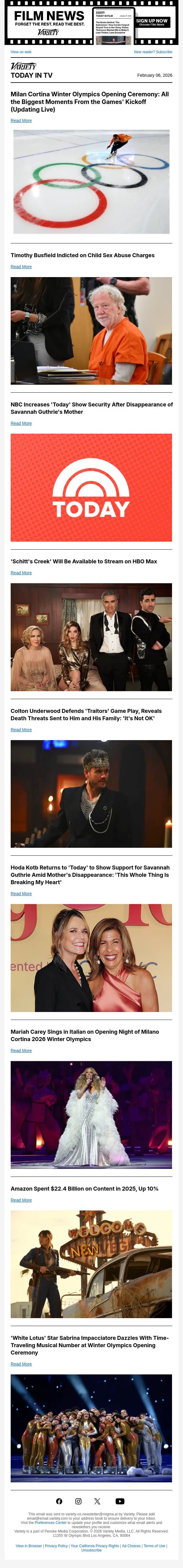 Olympics Opening Ceremony's Biggest Moments; Timothy Busfield Indicted on Child Sex Abuse Charges; NBC Increases 'Today' Show Security email from Variety screenshot