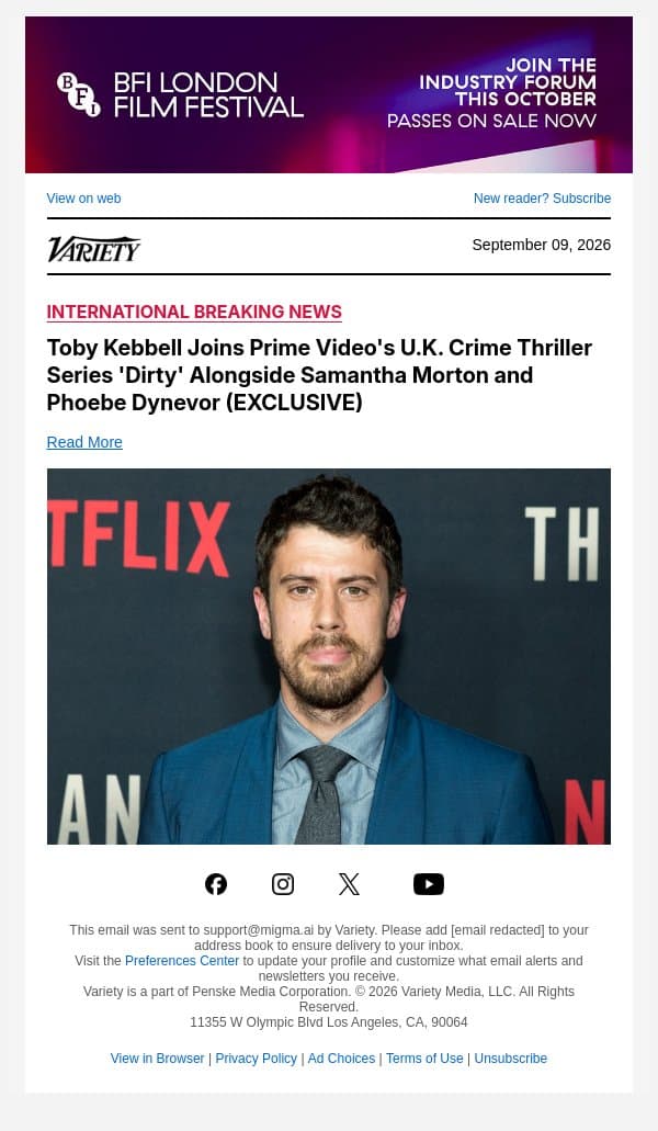 Toby Kebbell Joins Prime Video's U.K. Crime Thriller Series 'Dirty' Alongside Samantha Morton and Phoebe Dynevor (EXCLUSIVE) email from Variety screenshot