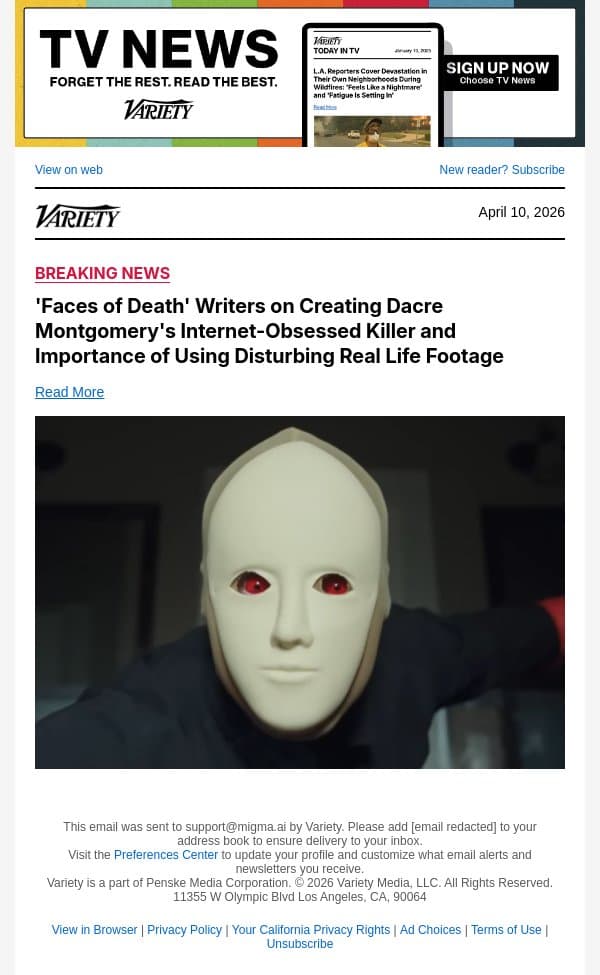 'Faces of Death' Writers on Creating Dacre Montgomery's Internet-Obsessed Killer and Importance of Using Disturbing Real Life Footage email from Variety screenshot