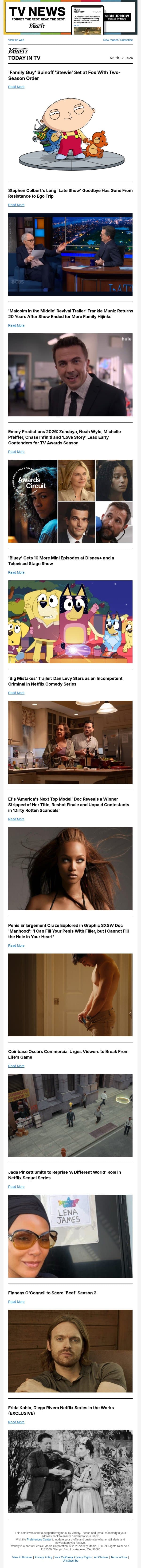 'Family Guy' Spinoff 'Stewie' Set at Fox; Colbert's 'Late Show' Final Season Is Becoming an Ego Trip; 'Malcolm in the Middle' Revival Trailer email from Variety screenshot