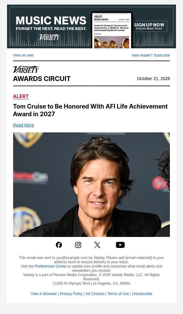 Tom Cruise to Be Honored With AFI Life Achievement Award in 2027 email from Variety screenshot
