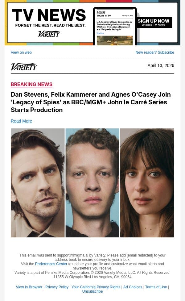 Dan Stevens, Felix Kammerer and Agnes O'Casey Join 'Legacy of Spies' as BBC/MGM+ John le Carré Series Starts Production email from Variety screenshot