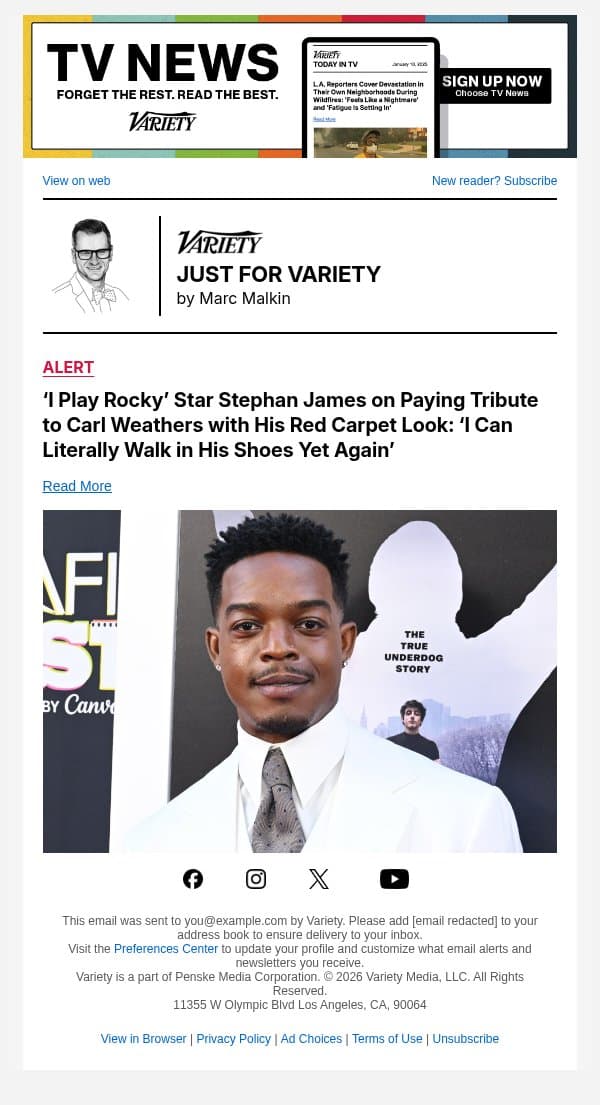 ‘I Play Rocky’ Star Stephan James on Paying Tribute to Carl Weathers with His Red Carpet Look: ‘I Can Literally Walk in His Shoes Yet Again’ email from Variety screenshot