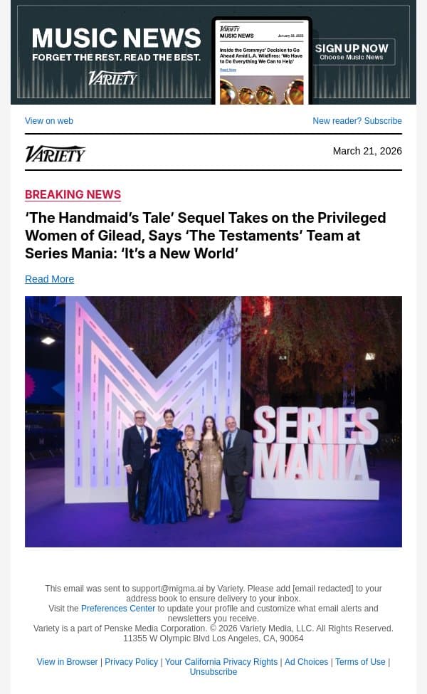 ‘The Handmaid’s Tale’ Sequel Takes on the Privileged Women of Gilead, Says ‘The Testaments’ Team at Series Mania: ‘It’s a New World’ email from Variety screenshot