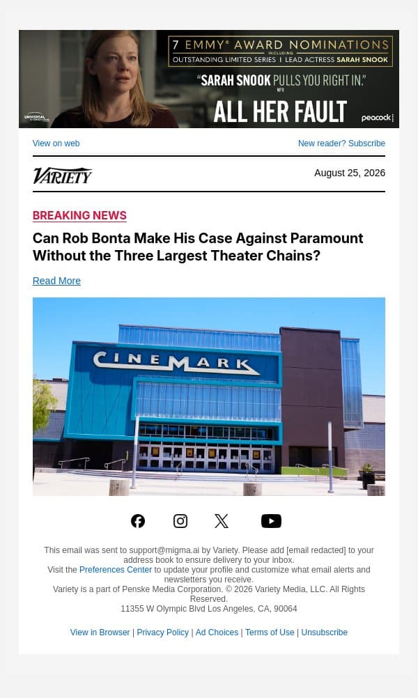 Can Rob Bonta Make His Case Against Paramount Without the Three Largest Theater Chains? email from Variety screenshot