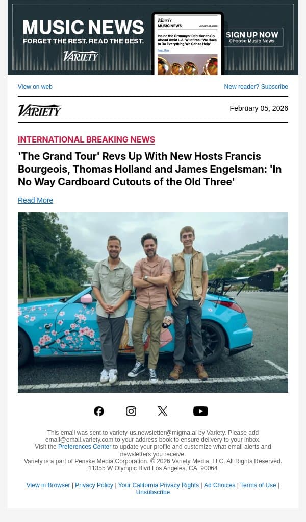 'The Grand Tour' Revs Up With New Hosts Francis Bourgeois, Thomas Holland and James Engelsman: 'In No Way Cardboard Cutouts of the Old Three' email from Variety screenshot