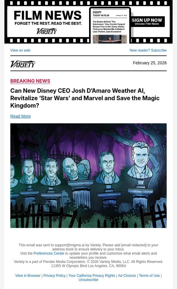 COVER STORY | Can New Disney CEO Josh D’Amaro Weather AI, Revitalize ‘Star Wars’ and Marvel and Save the Magic Kingdom? email from Variety screenshot