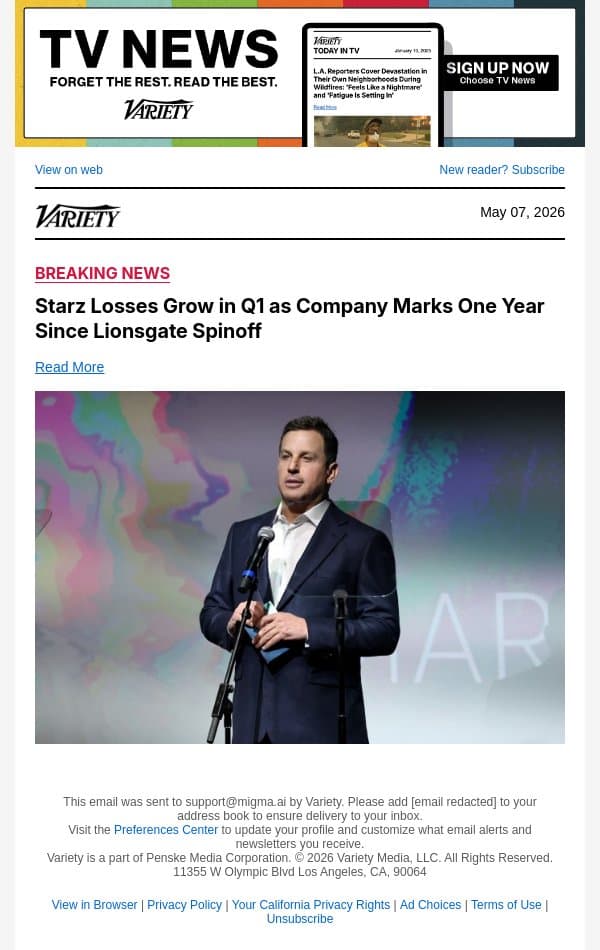 Starz Losses Grow in Q1 as Company Marks One Year Since Lionsgate Spinoff email from Variety screenshot