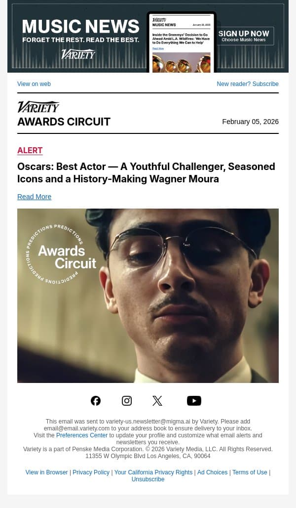 Oscars: Best Actor — A Youthful Challenger, Seasoned Icons and a History-Making Wagner Moura email from Variety screenshot