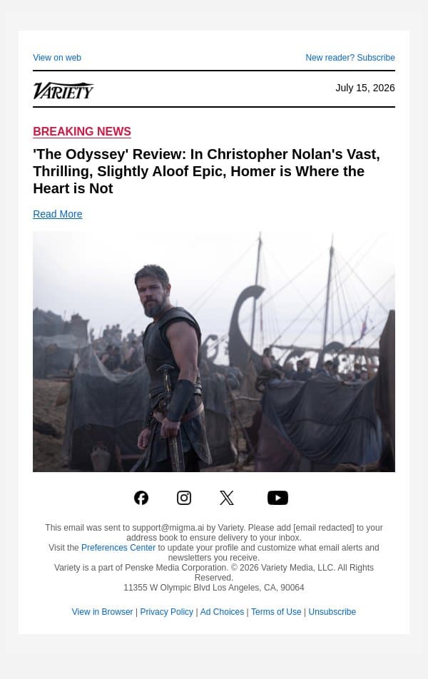'The Odyssey' Review: In Christopher Nolan's Vast, Thrilling, Slightly Aloof Epic, Homer is Where the Heart is Not email from Variety screenshot