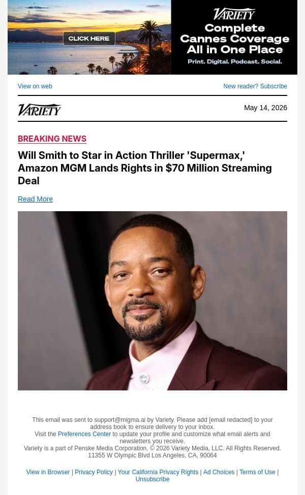 Will Smith to Star in Action Thriller 'Supermax,' Amazon MGM Lands Rights in $70 Million Streaming Deal email from Variety screenshot