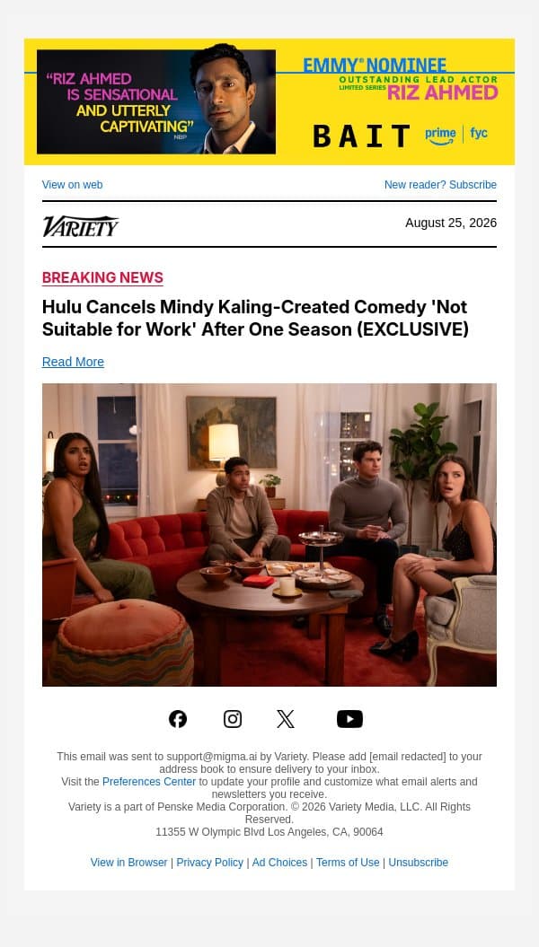 Hulu Cancels Mindy Kaling-Created Comedy 'Not Suitable for Work' After One Season (EXCLUSIVE) email from Variety screenshot