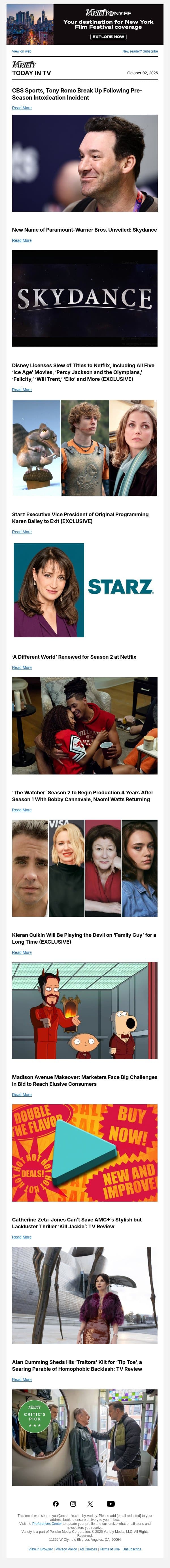 Tony Romo Parts Ways With CBS Sports; Introducing Skydance; Disney Licenses Slew of Titles to Netflix email from Variety screenshot