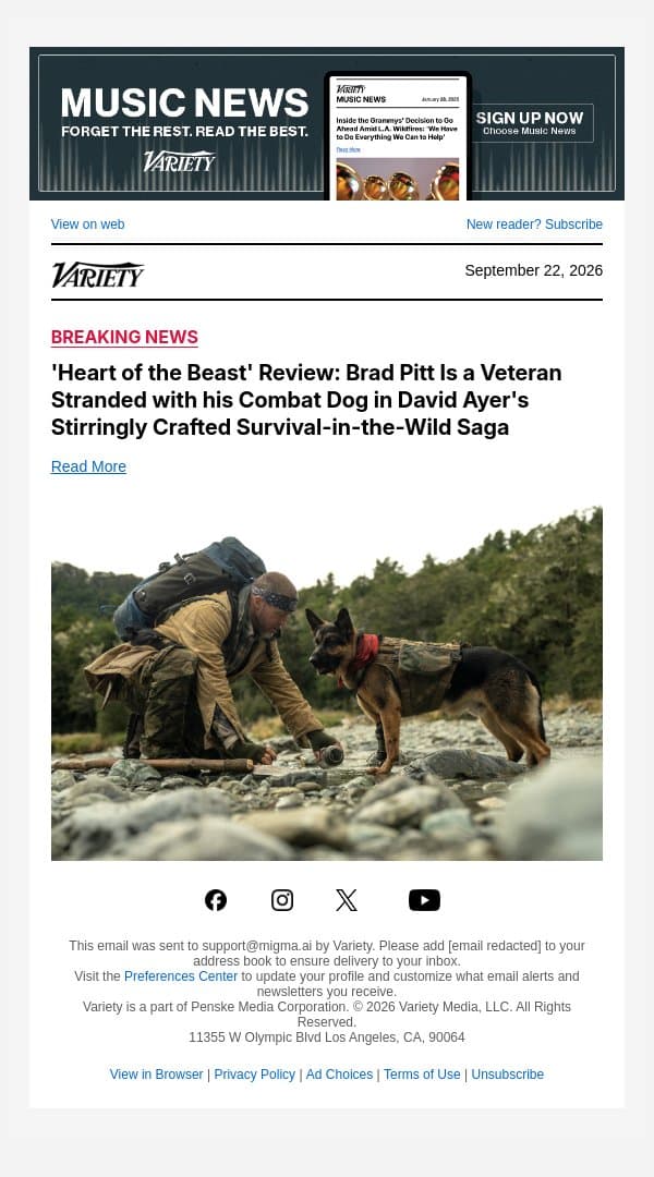 'Heart of the Beast' Review: Brad Pitt Is a Veteran Stranded with his Combat Dog in David Ayer's Stirringly Crafted Survival-in-the-Wild Saga email from Variety screenshot