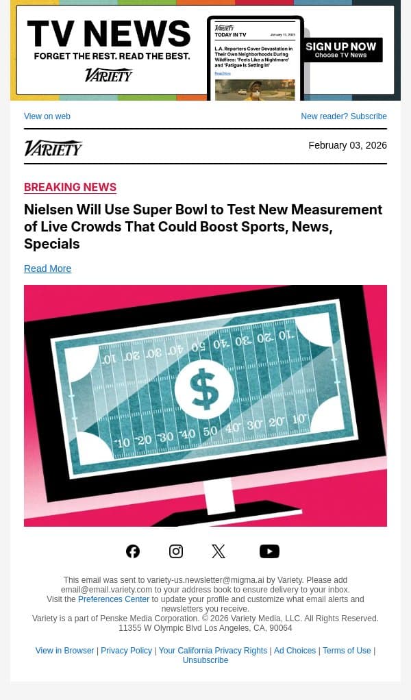 Nielsen Will Use Super Bowl to Test New Measurement of Live Crowds That Could Boost Sports, News, Specials email from Variety screenshot