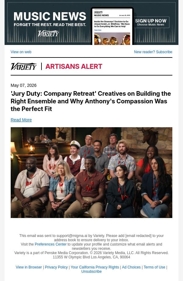 'Jury Duty: Company Retreat' Creatives on Building the Right Ensemble and Why Anthony's Compassion Was the Perfect Fit email from Variety screenshot