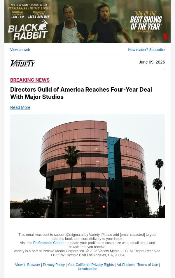 Directors Guild of America Reaches Four-Year Deal With Major Studios email from Variety screenshot