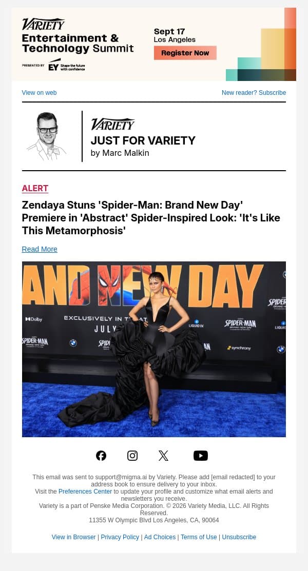 Zendaya Stuns 'Spider-Man: Brand New Day' Premiere in 'Abstract' Spider-Inspired Look: 'It's Like This Metamorphosis' email from Variety screenshot