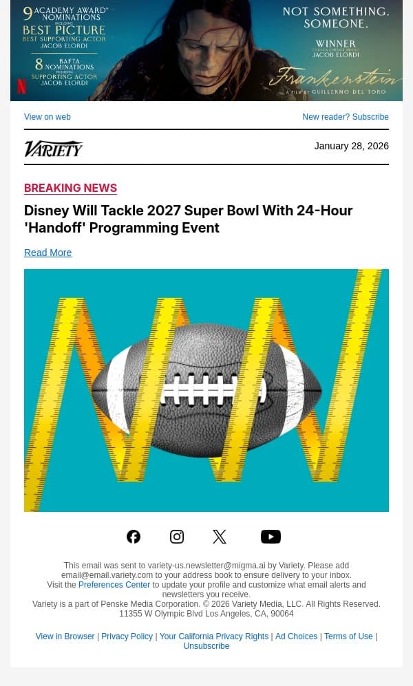 Disney Will Tackle 2027 Super Bowl With 24-Hour 'Handoff' Programming Event email from Variety screenshot