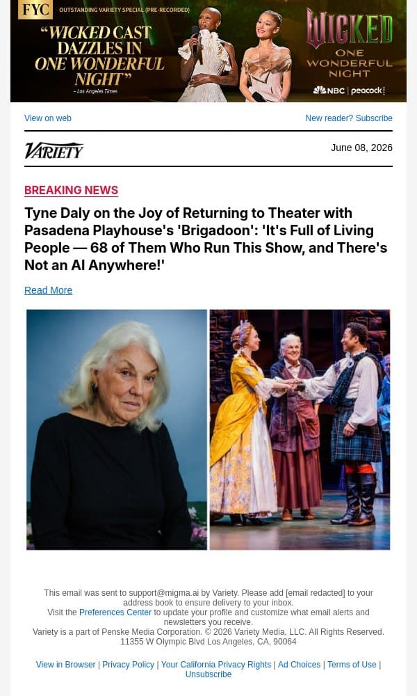 Tyne Daly on the Joy of Returning to Theater with Pasadena Playhouse's 'Brigadoon': 'It's Full of Living People — 68 of Them Who Run This Show, and There's Not an AI Anywhere!' email from Variety screenshot