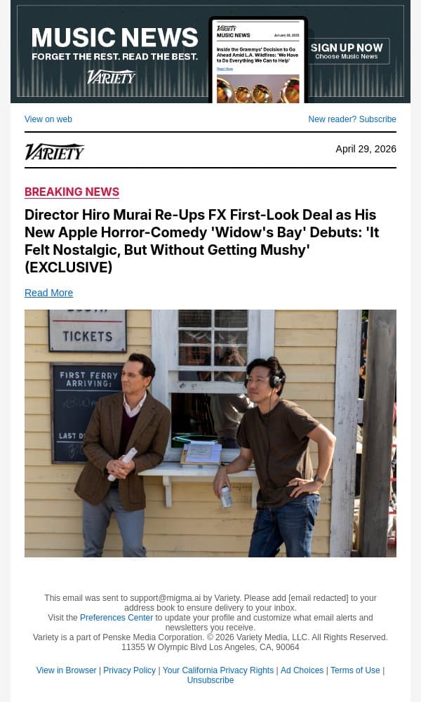 Director Hiro Murai Re-Ups FX First-Look Deal as His New Apple Horror-Comedy 'Widow's Bay' Debuts: 'It Felt Nostalgic, But Without Getting Mushy' (EXCLUSIVE) email from Variety screenshot