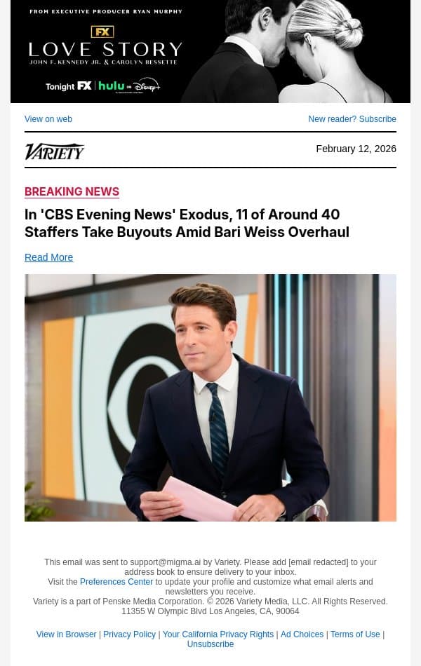 In 'CBS Evening News' Exodus, 11 of Around 40 Staffers Take Buyouts Amid Bari Weiss Overhaul email from Variety screenshot