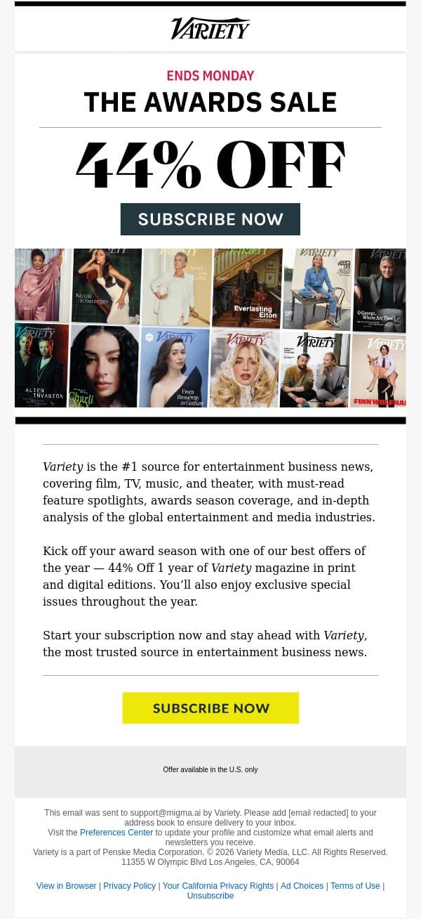 Awards Season Starts Here — Get 44% Off Variety email from Variety screenshot