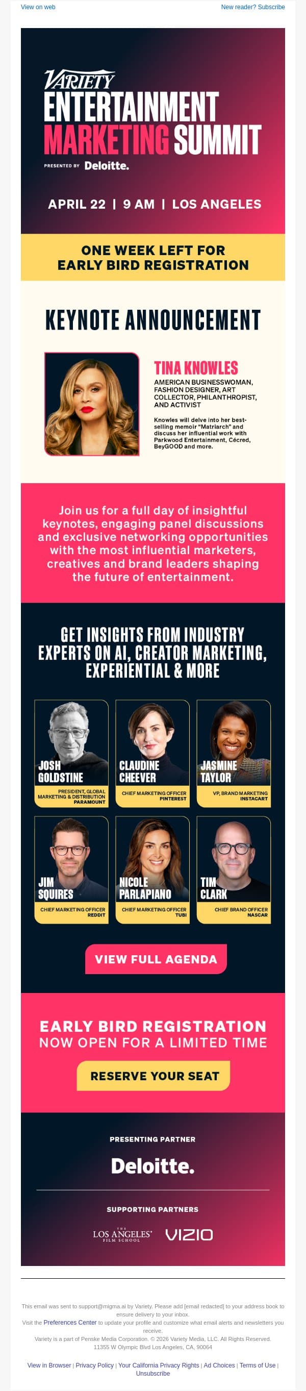 Join Top CMOs at Variety's Entertainment Marketing Summit - April 22 email from Variety screenshot