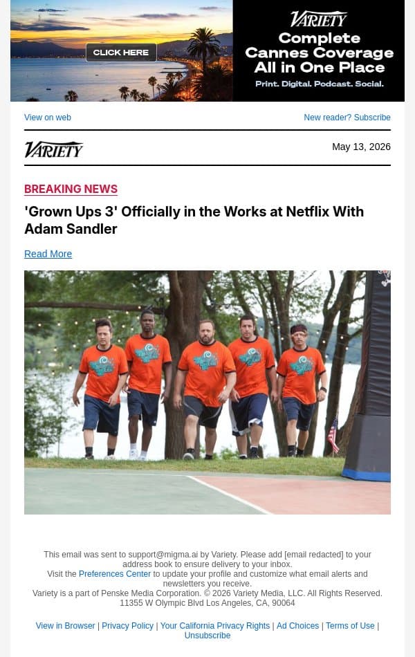 'Grown Ups 3' Officially in the Works at Netflix With Adam Sandler email from Variety screenshot