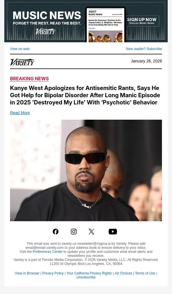 Kanye West Apologizes for Antisemitic Rants, Says He Got Help for Bipolar Disorder After Long Manic Episode in 2025 'Destroyed My Life' With ‘Psychotic' Behavior email from Variety screenshot