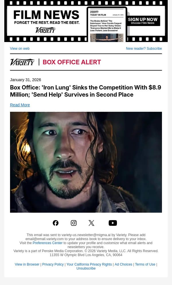 Box Office: 'Iron Lung' Sinks the Competition With $8.9 Million; 'Send Help' Survives in Second Place email from Variety screenshot