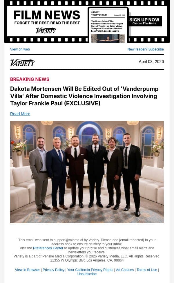 Dakota Mortensen Will Be Edited Out of 'Vanderpump Villa' After Domestic Violence Investigation Involving Taylor Frankie Paul (EXCLUSIVE) email from Variety screenshot