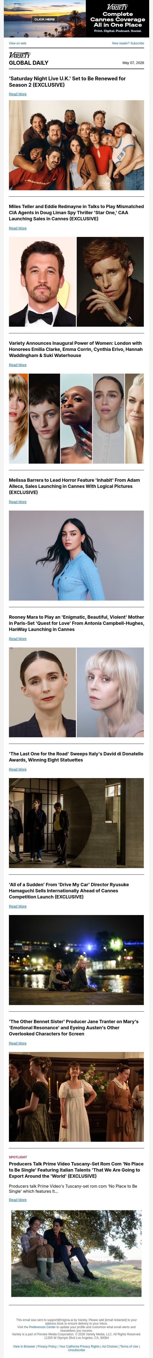 'SNL U.K.' Renewed; Liman Spy Thriller; Power of Women: London email from Variety screenshot