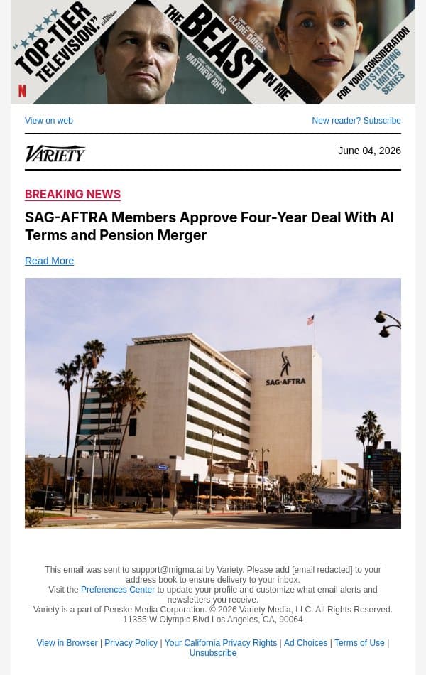 SAG-AFTRA Members Approve Four-Year Deal With AI Terms and Pension Merger email from Variety screenshot