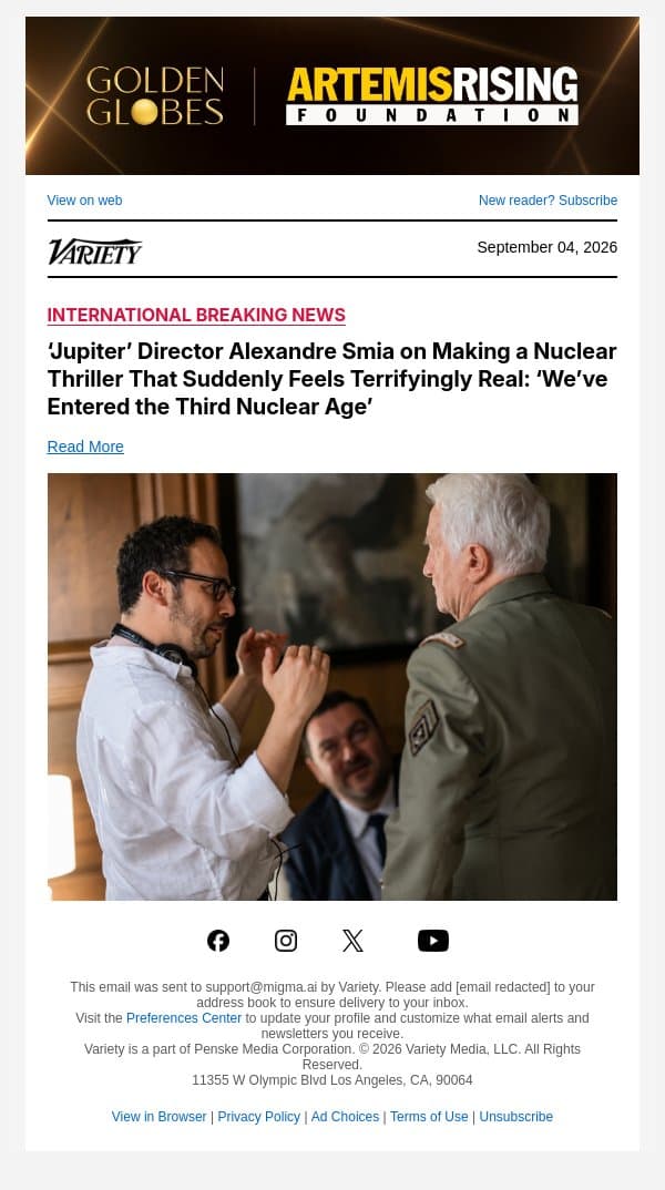 ‘Jupiter’ Director Alexandre Smia on Making a Nuclear Thriller That Suddenly Feels Terrifyingly Real: ‘We’ve Entered the Third Nuclear Age’ email from Variety screenshot
