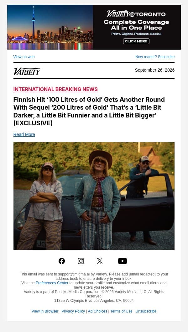 Finnish Hit ‘100 Litres of Gold’ Gets Another Round With Sequel ‘200 Litres of Gold’ That’s a ‘Little Bit Darker, a Little Bit Funnier and a Little Bit Bigger’ (EXCLUSIVE) email from Variety screenshot