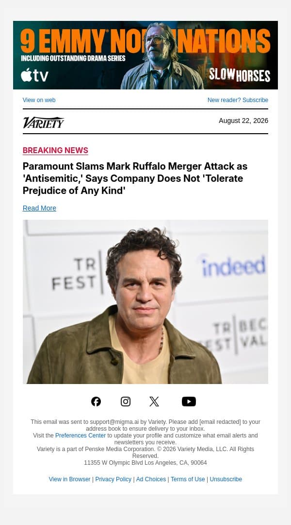 Paramount Slams Mark Ruffalo Merger Attack as 'Antisemitic,' Says Company Does Not 'Tolerate Prejudice of Any Kind' email from Variety screenshot