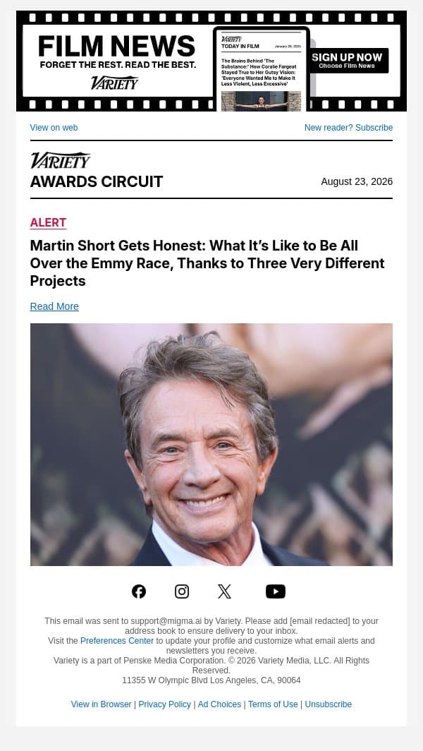 Martin Short Gets Honest: What It’s Like to Be All Over the Emmy Race, Thanks to Three Very Different Projects email from Variety screenshot