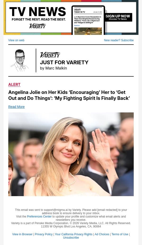 Angelina Jolie on Her Kids ‘Encouraging’ Her to ‘Get Out and Do Things’: ‘My Fighting Spirit Is Finally Back’ email from Variety screenshot