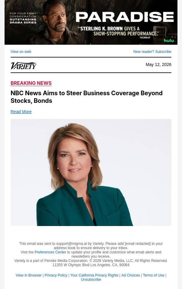 NBC News Aims to Steer Business Coverage Beyond Stocks, Bonds email from Variety screenshot