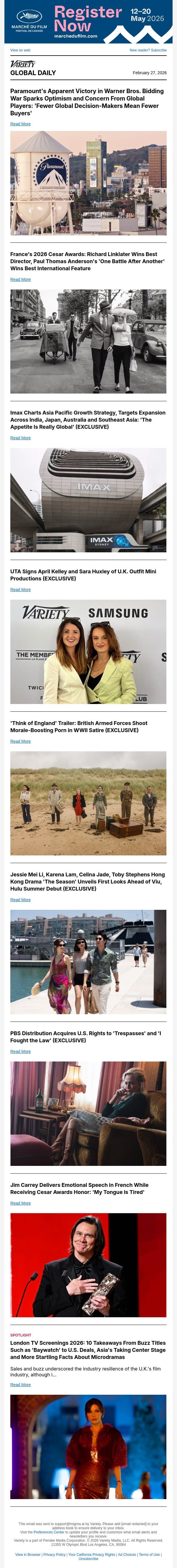 Paramount-Warner Bros. Global Reactions; Cesar Awards Winners; Imax Asia Pacific Strategy email from Variety screenshot