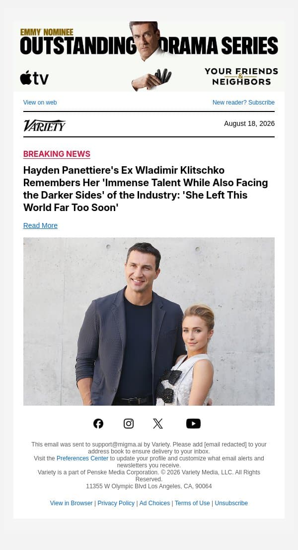 Hayden Panettiere's Ex Wladimir Klitschko Remembers Her 'Immense Talent While Also Facing the Darker Sides' of the Industry: 'She Left This World Far Too Soon' email from Variety screenshot