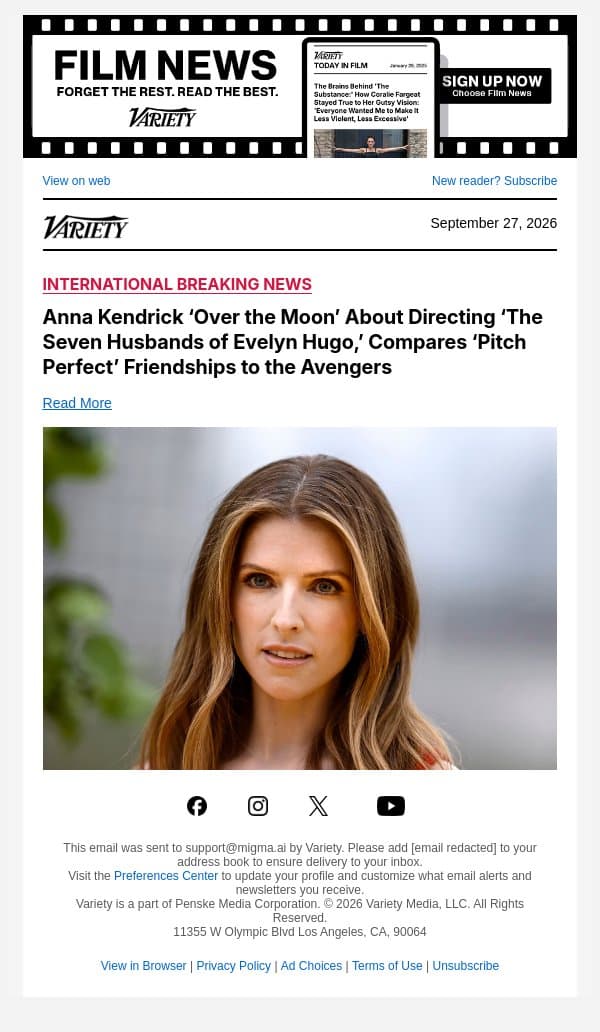 Anna Kendrick ‘Over the Moon’ About Directing ‘The Seven Husbands of Evelyn Hugo,’ Compares ‘Pitch Perfect’ Friendships to the Avengers email from Variety screenshot