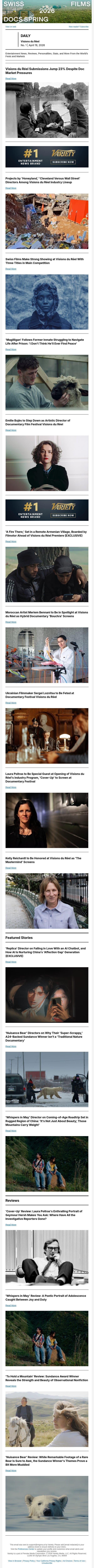 Submissions Jump 23%; Industry Lineup; Swiss Films at VdR email from Variety screenshot