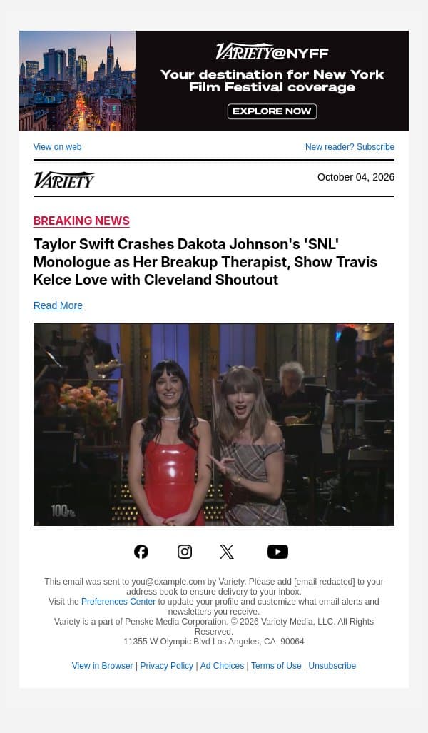 Taylor Swift Crashes Dakota Johnson's 'SNL' Monologue as Her Breakup Therapist, Show Travis Kelce Love with Cleveland Shoutout email from Variety screenshot