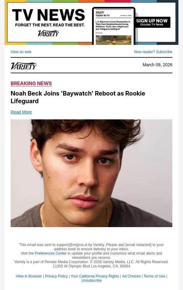 Noah Beck Joins 'Baywatch' Reboot as Rookie Lifeguard email from Variety screenshot