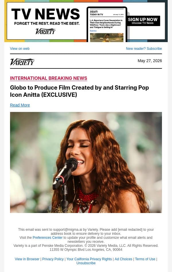Globo to Produce Film Created by and Starring Pop Icon Anitta (EXCLUSIVE) email from Variety screenshot