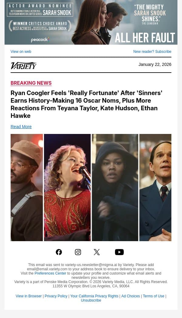 Ryan Coogler Feels 'Really Fortunate' After 'Sinners' Earns History-Making 16 Oscar Noms, Plus More Reactions From Teyana Taylor, Kate Hudson, Ethan Hawke email from Variety screenshot