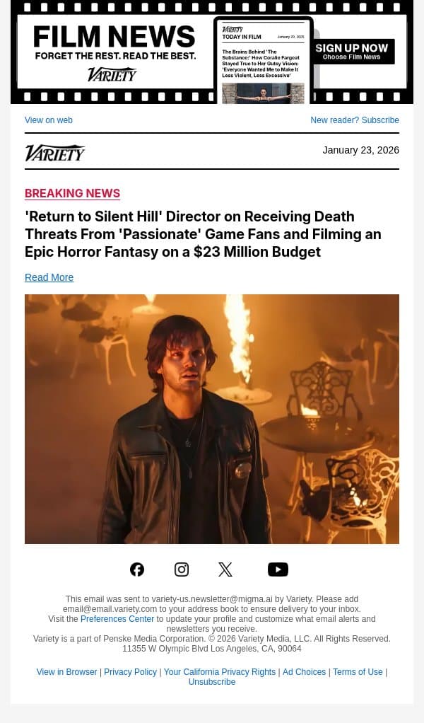 'Return to Silent Hill' Director on Receiving Death Threats From 'Passionate' Game Fans and Filming an Epic Horror Fantasy on a $23 Million Budget email from Variety screenshot
